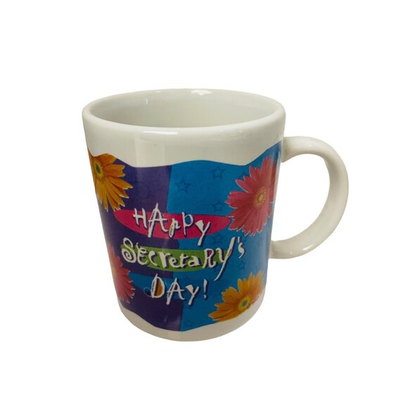 Happy Secretary's Day Mug Floral  Work 11 oz handle Ceramic Blue Yellow Orange - Picture 1 of 6